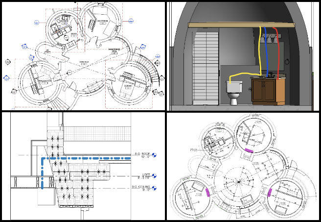 Earthbag Village, Ongoing Path To Making No-Impact Living Mainstream, One Community Weekly Progress Update #609, MEP issue resolution, meetings with Avery and Karthik, mini-split unit positioning, routing refrigerant lines, power routing through ceiling, loft space bump-out, roof design review, roof deck finish options, structural code review, optimizing HVAC placement