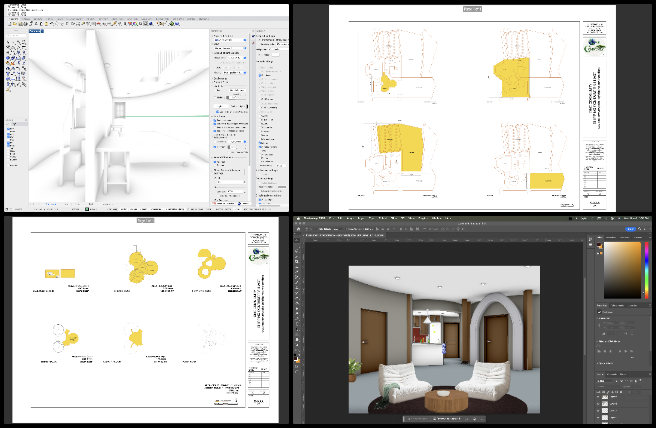 Earthbag Village, Creating Patterns of Positive Change, One Community Weekly Progress Update #608, Earthbag Village project, Duplicable City Center footprint calculation, PDF formatting for outputs, Photoshop library for renders, internal renders with Rhino and Photoshop, 4-dome cluster visualization, living room render refinement, Photoshop visual enhancements, architectural render development, internal design renders