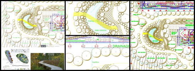 Aquapini and Walipini, Ongoing Path to Making No-Impact Living Mainstream, One Community Weekly Progress Update #609, Rain Garden Landscape Design, Stormwater Management Overflow, Sustainable Landscape Features, Passive Recreation Spaces Design, Rain Garden Pathways and Seating Areas, Stormwater Filtration Plantings, Biodiversity in Landscape Design, Boardwalk Pathway Accessibility, Natural and Built Environment Integration, CAD Landscape Design for Sustainability.