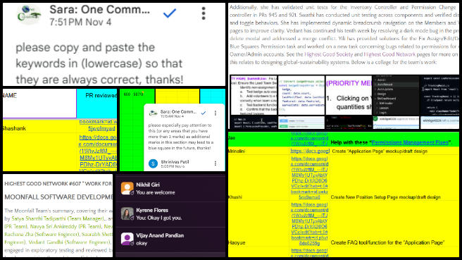 Highest Good Network, Creating Patterns of Positive Change, One Community Weekly Progress Update #608, Team MoonFall contributions, admin feedback spreadsheet, HGN PR reviews, tracking sheet updates, urgent PR tasks, completed PR reviews, high-priority PR tracking, Team MoonFall feedback, PR tracking spreadsheet, Slack PR progress.