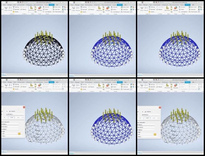 Duplicable City Center, Cooperatively Building a World that Works for Everyone, One Community Weekly Progress Update #610, static structural analysis, dome structure performance, snow load analysis, 10 lbs and 20 lbs snow loads, Inventor displacement analysis, stress value evaluation, uniformly distributed load, structural integrity assessment, dome load response, structural analysis under varying conditions.