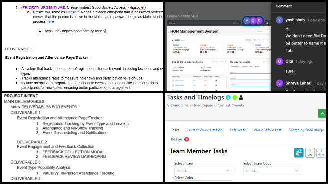 Highest Good Network, Designing Global-Sustainability Systems, One Community Weekly Progress Update #607, Dev Dynasty blog content, folder structure organization, weekly content planning, document structure feedback, User Stories discussion, final draft completion, Event Trend refinement, Active Participants section, event page structure, Figma design clarity enhancement.