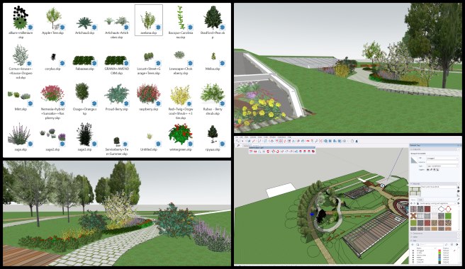 Aquapini and Walipini, Designing Global-Sustainability Systems, One Community Weekly Progress Update #607, SketchUp modeling for landscape design, 3D models of tree species, 3D Warehouse for landscape modeling, multi-level construction modeling, food forest design, shrubs and herbs in landscape, ground cover along roadway, four-season landscape area, ornamental plants for autumn, winter plants for food forest.