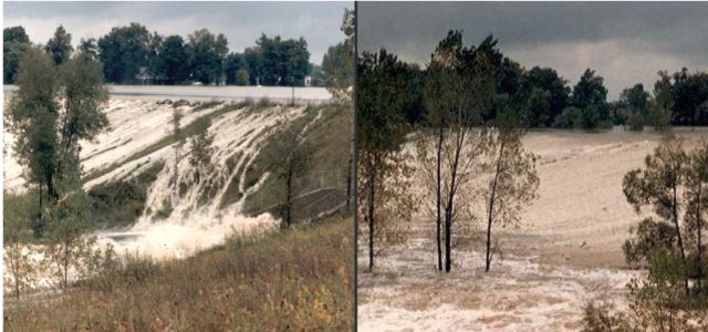 Example of dam overtopping during a flood. Source: Association of State Dam Safety ,Failures attributed to overtopping result from the erosive action of uncontrolled flow over, around, and adjacent to the embankment. Once erosion has begun during overtopping, it is almost impossible to stop. For this reason, detection and monitoring of reservoir pool levels as well as emergency intervention is important.