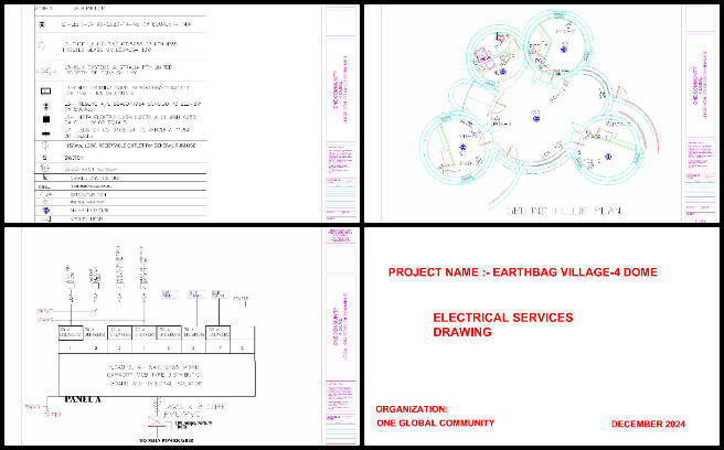 Earthbag Village, Maximizing Sustainable Human Potential, One Community Weekly Progress Update #612, Earthbag Village project, Earthbag 4 Dome Village, socket and panel layout, receptacle placement, lighting circuit design, socket ring circuit, distribution panel installation, National Electrical Code compliance, schematic diagram design, American standard single-phase voltage