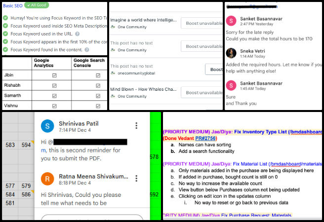 Admin, Team Management, Maximizing Sustainable Human Potential, One Community Weekly Progress Update #612, SEO optimization, blog posts, social media, AI tasks, data tracking, WordPress update, pull requests, team feedback, performance metrics, blog visibility