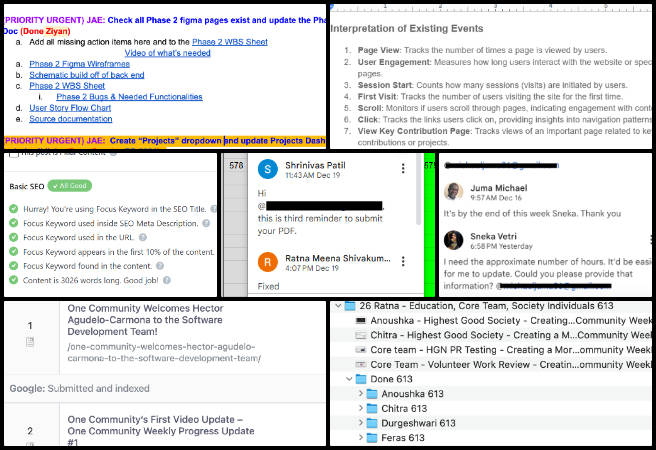 Admin, Team Management, Sustainability as a Foundation for Luxury Community Living, One Community Weekly Progress Update #614, Volunteer interviews, hiring spreadsheet, SEO updates, blog collages, social media posts, AI task prompts, community keywords, WordPress updates, pull request testing, Google Analytics