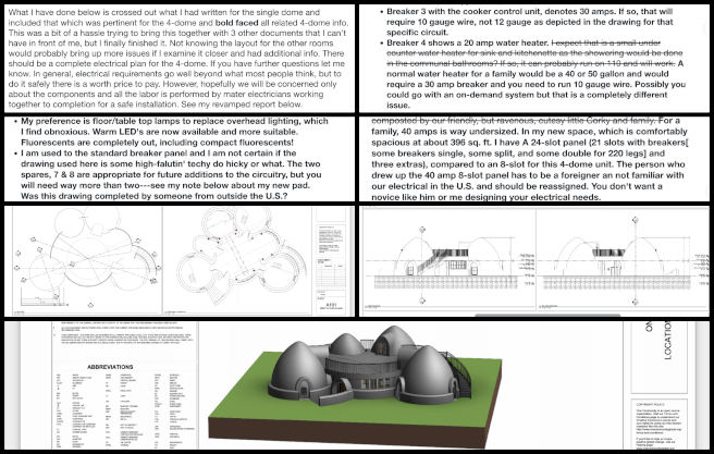 Core Team, Maximizing Eco-potential, One Community Weekly Progress Update #611, Earthbag Village electrical plan, electrical circuits review, wire gauge recommendations, breaker ampere selection, electrical reassessment, 4-dome cluster design, sustainable electrical planning, Earthbag Village energy efficiency, electrical circuit analysis, open-source village planning