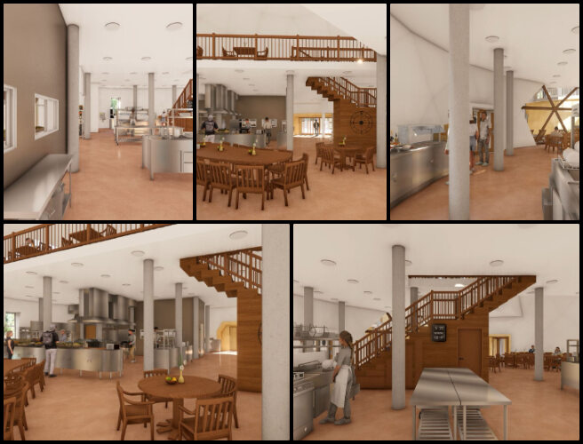 Duplicable City Center, Maximizing Eco-potential, One Community Weekly Progress Update #611, kitchen shelving design, dry-storage food items, SketchUp, architectural design, Lumion materials, human figures, kitchen walkthrough, rendering process, visual presentation.