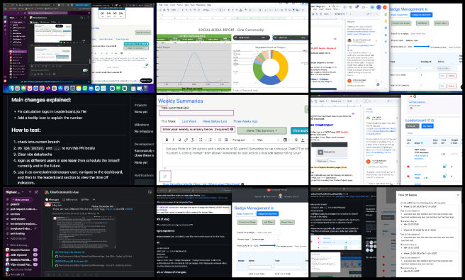 Highest Good Society, Creating a More Luxuriant Life with Sustainability, One Community Weekly Progress Update #613, Google Sheet updates, Social media tracking, Content reposting, Twitter engagement testing, Software testing, Pull request reviews, Merge conflict resolution, Slack team coordination, Admin team collaboration, Task tracking