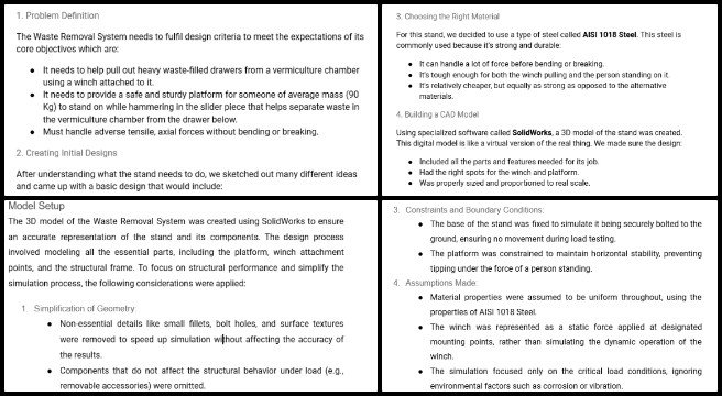 Vermiculture Toilet, Creating a More Luxuriant Life With Sustainability, One Community Weekly Progress Update #613, refining FEA analysis report, Waste Removal Stand design, waste removal stand dual functions, winch drawer removal, slider hammering platform design, FEA methodology steps, selecting materials for FEA, creating CAD models for FEA, FEA structural performance analysis, simplifying technical concepts for readability, FEA in predicting performance, structural weaknesses in FEA analysis, enhancing report accessibility for non-technical readers.