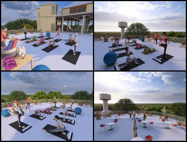 Duplicable City Center, Sustainability as a Foundation for Luxury Community Living, One Community Weekly Progress Update #614, 3D model optimization, sundeck scene design, group exercise models, yoga and gym workout visualization, sundowner party setup, 3D model integration, sundeck activity rendering, large 3D model rendering, space utilization design, 3D visualization workflow.