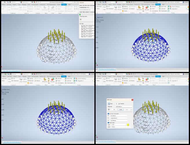 Duplicable City Center, Maximizing Eco-potential, One Community Weekly Progress Update #611, Duplicable City Center, mechanical design engineering, static structural analysis, dome structure design, snow load analysis, displacement evaluation, stress values, Inventor software, structural integrity assessment, varying snow load conditions.