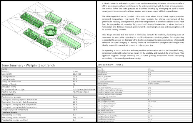 Aquapini and Walipini, maximizing eco-potential, One Community Weekly Progress Update #611, Walipini 1 heating analysis, cooling load study, peak load scenarios, thermal performance evaluation, structure thermal analysis, heating and cooling report, sustainable temperature management, comparative thermal study, Walipini climate analysis, sustainable structure efficiency