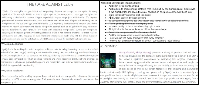 Viktoriia, Highest Good Energy, Creating a more Luxuriant Life with Sustainability, One Community Weekly Update #613, Most Sustainable Lightbulbs guide update, sustainability-ranked company descriptions, reasons for lightbulb company rankings, sustainability profile improvements, formatting adjustments for consistency, padding and spacing fixes, unavailable alternatives removal, introduction for "The Case Against LEDs," sustainable lighting solutions, creating a sustainable future.