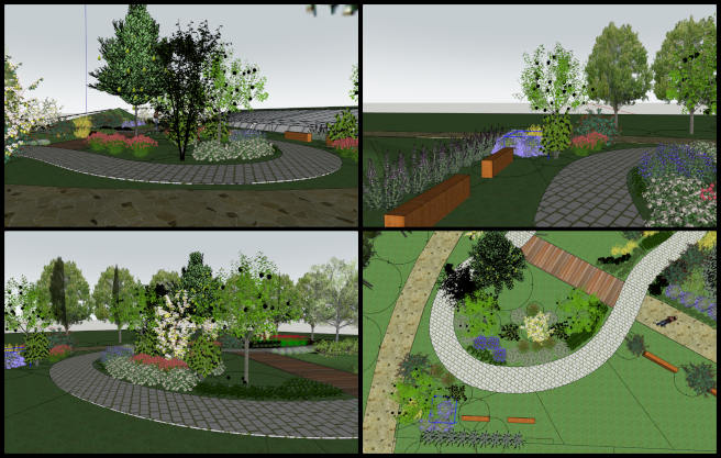 Aquapini and Walipini, Maximizing Eco-potential, One Community Weekly Progress Update #611, Layout design, Planting design integrating fruit trees, berry bushes, and architectural elements for improved food production, Rest area layout with low-growing berries, thoughtfully spaced plantings for ease of harvest and visual harmony