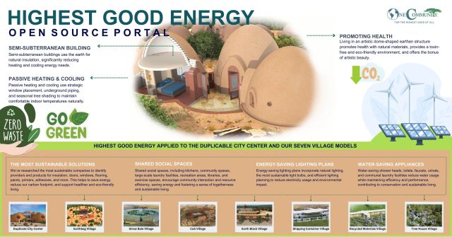 Highest good energy, open source portal, semi-subterranean building, go green, zero waste