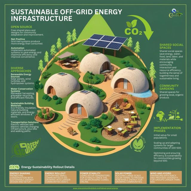 Sustainable off-grid energy infrastructure, Open source, diverse approaches, shared social spaces, community gardens, implementation phases