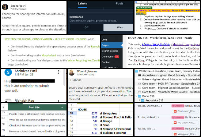 Admin, Team Management, Earth-Care Communities, One Community Weekly Progress Update #619, Aircrete visuals, volunteer documentation, SEO pages, frontend testing, KPI development, social media dashboards, Excel files, Meta Business Suite, cost analysis template, duplicable city center