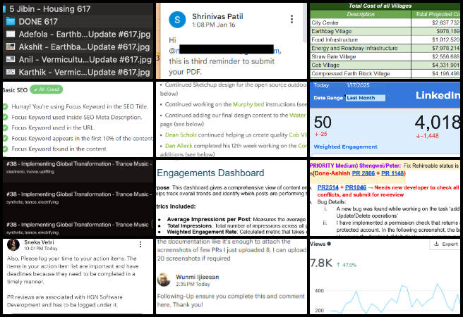 Admin, Team Management, Sustainable Change for the Whole Planet, One Community Weekly Progress Update #618, teamwork collaboration insights, visualizations Aircrete documentation, optimizing SEO pages, Google Analytics reporting, Python scripts and AI music creation, social media engagement dashboard analysis, construction cost analysis research, Wind Infrastructure project planning, KPI and dashboard strategies, LinkedIn Analytics project management