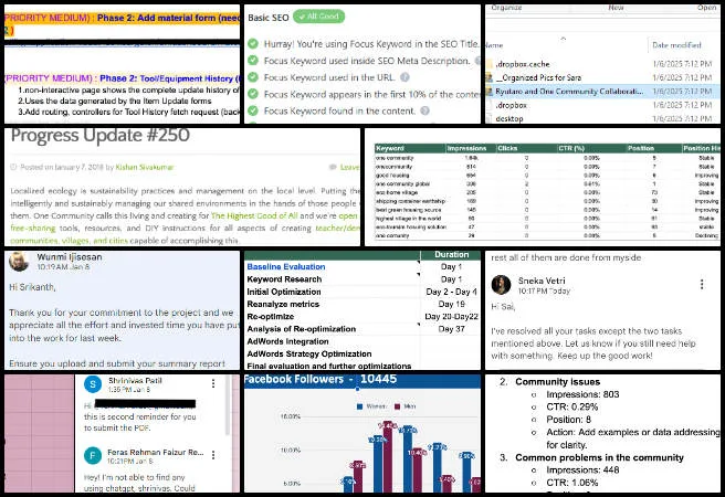 Admin, Team Management, Widespread and Lasting Sustainable Change, One Community Weekly Progress Update #617, SEO optimization, Google Analytics project, SEO pages, visualizations analysis, senior admin duties, Python scripts, AI music creation, social media dashboards, SEO research reports, WordPress page updates