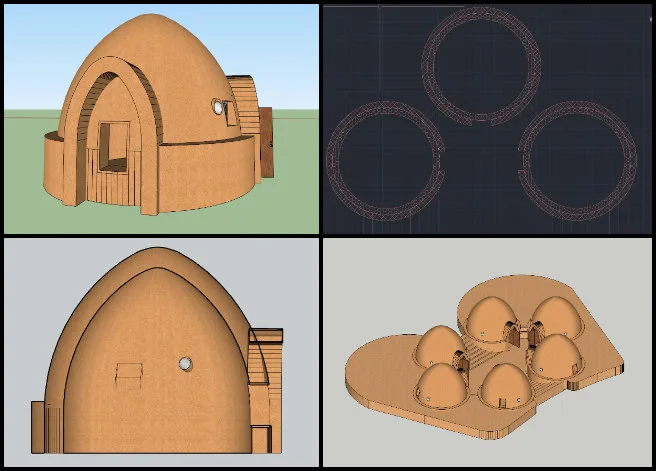 Earthbag Village, Widespread and Lasting Sustainable Change, One Community Weekly Progress Update #617, EarthBag Village SketchUp model, EarthBag Village construction drawing set, below-grade outer cluster domes design, egress window modification, EarthBag Village project specifications, sustainable dome design updates, EarthBag Village design development, SketchUp architectural model, EarthBag Village construction planning, eco-friendly village design adjustments.