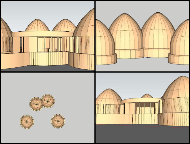 Duplicable City Center, Creating a Stable Biosphere, One Community Weekly Progress Update #616, 4-dome home model, SketchUp modeling, architectural design representation, digital home design, structural model components, spatial components design, accurate model construction, original design alignment, 3D modeling, design layout and dimensions