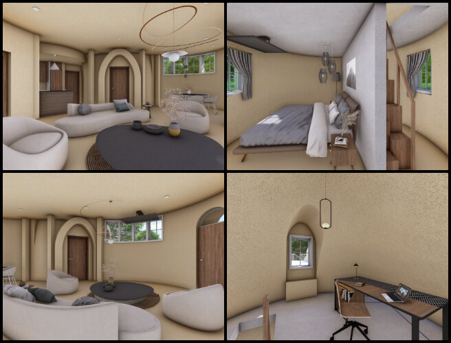 Earthbag Village, Earth-Care Communities, One Community Weekly Progress Update #619, 4-dome home modeling, SketchUp exterior modeling, Lumion interior design, dome home walkthrough video, SketchUp and Lumion project, dome home design elements, Room 1 walkthrough, living room rendering, dining room design showcase, 3D home design progress.