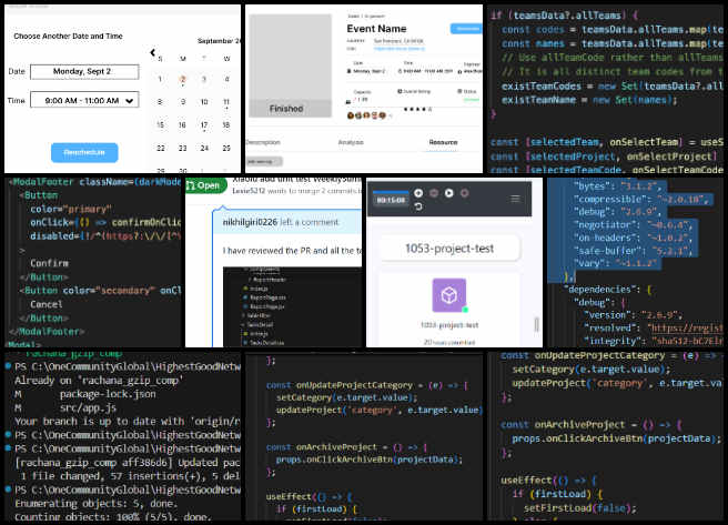 Highest Good Network Software, Creating a Stable Biosphere, One Community Weekly Progress Update #616, Reschedule button design and integration, overlay reschedule modal, Quick Setup Tool automation, saving Quick Setup Titles, HighestGoodNetworkApp pull request testing, pie chart legend color verification, gzip compression bug resolution, async data handling on members page, navigation consistency fixes, fallback mechanisms for project elements.