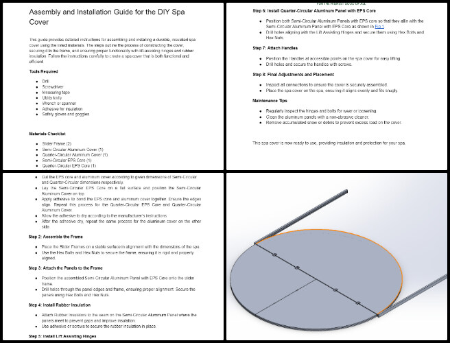 Duplicable City Center, Creating a Stable Biosphere, One Community Weekly Progress Update #616, DIY spa cover design, SolidWorks animation, functionality demonstration video, assembly process video, project report correction, feedback implementation, assembly instructions, installation instructions, SolidWorks learning, video creation for DIY projects