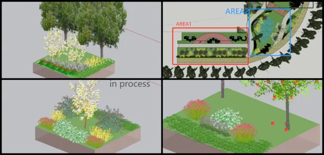 Highest Good Food, Aquapini and Walipini, Widespread and Lasting Sustainable Change, One Community Weekly Progress Update #617, Advanced the outdoor spaces design for the Aquapini/Walipinis. Created axonometric diagrams for four areas and added them to the draft document to present design concepts, outdoor spaces for the Aquapini/Walipinis. Created diagrams to show plant arrangements in four areas and added them to the draft web layout, Created axonometric diagrams depicting plant arrangements across four areas.