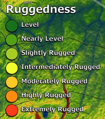 ruggedness map for land planning, terrain categorization by ruggedness, color-coded landscape map, building site selection by terrain, hiking trail difficulty assessment, access route planning map, level area identification, rugged terrain visualization, landscape ruggedness for development, topographic variation mapping