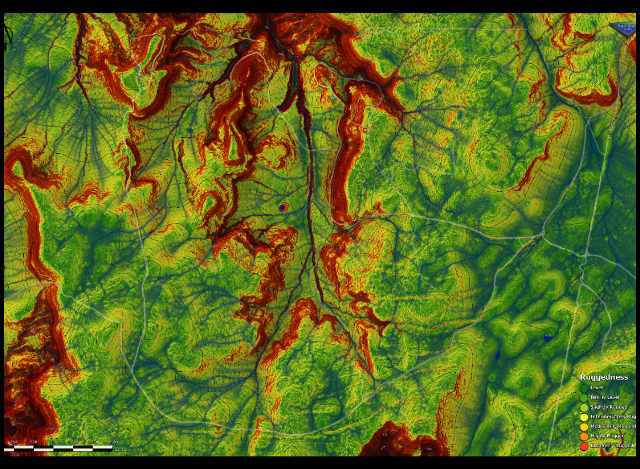 ruggedness mapping, terrain complexity analysis, GIS landscape classification, detailed topographic assessment, building site suitability, trail difficulty evaluation, ruggedness color scale, terrain accessibility planning, flattest area identification, hiking route assessment