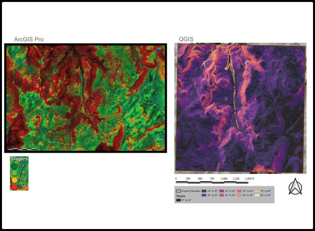 high-resolution elevation data, 1-meter DEM analysis, slope categorization for construction, ArcGIS Pro slope mapping, QGIS slope map generation, terrain classification by slope degrees, colorblind-friendly slope symbology, slope percentage mapping, GIS earthwork design planning, accessibility-conscious map visualization
