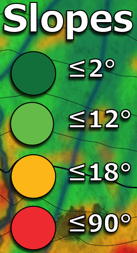 slope classification for land use, flat land for agriculture, terrain analysis for farming, color-coded slope map, land suitability based on slope, erosion risk assessment, slope gradient and development potential, steep slope zoning, sustainable land planning, terraced agriculture suitability