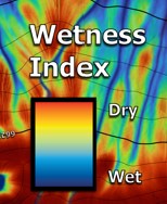 wetness map for land planning, water accumulation mapping, moisture gradient map, identifying drainage basins, ridge and depression analysis, rain garden placement, pond site selection, blue to red moisture scale, landscape water flow mapping, water-loving plant zones