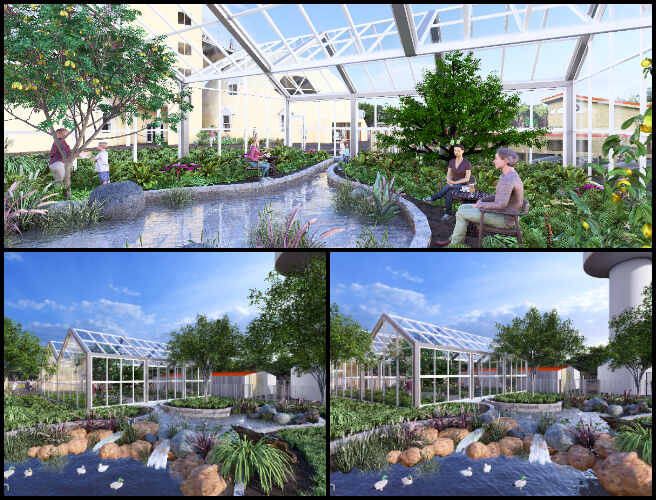 Duplicable City Center, Launching a Collaborative of New Sustainable Living Models, One Community Weekly Progress Update #623, greenhouse renderings, high-resolution rendering, interior and exterior details, lighting accuracy, realistic textures, material reflections, shadow optimization, environmental elements, color correction, architectural visualization