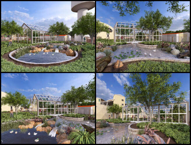 Duplicable City Center, Global Game-changing Cooperatives, One Community Weekly Progress Update #622, greenhouse renderings, lighting refinement, texture adjustments, material enhancements, 3D visualization, architectural rendering, interior perspectives, exterior views, plant arrangements, structural details