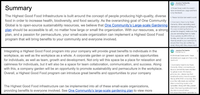 Highest Good Food, Global Game-changing Cooperatives, One Community Weekly Progress Update #622, Edited project on integrating Highest Good Food into small-scale organizations, Prepared for final review and provided feedback to administrators, Reviewed work of fellow administrators with detailed input, Completed weekly administrative tasks and scheduled an interview, Arranged interview with a potential new volunteer.