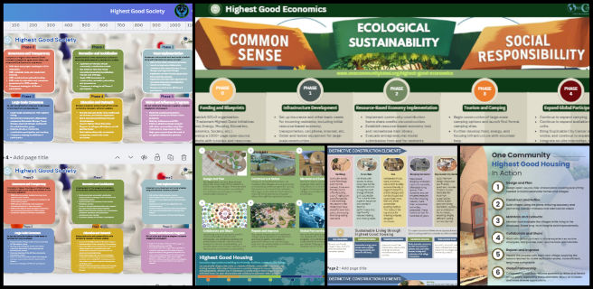 Highest Good Society, Ecological Models for Thriving, One Community Weekly Progress Update #620, Highest Good Housing, Eco-Village Blueprint, infographic design, village color alignment, content refresh, section wording updates, oversized formatting, URL integration, construction elements revision, village summaries