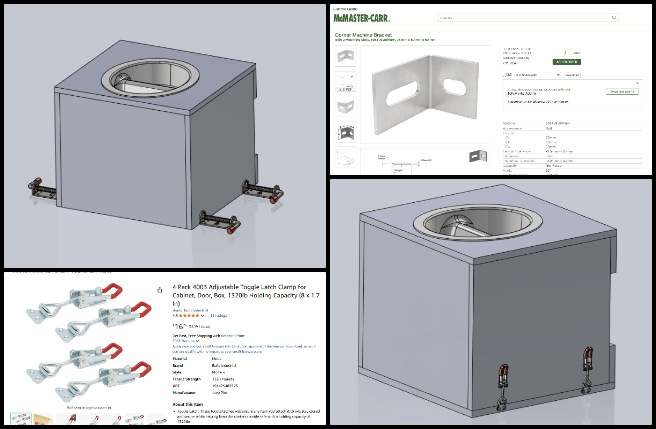Vermiculture Toilet, Open Sourcing Global Sustainability Strategies, One Community Weekly Progress Update #628, Toilet seat design, latching concepts, anchoring hardware research, CAD models for latching methods, toilet seat engineering, design concept review, team meeting participation, updated CAD models, weekly design summary, design screenshots upload.