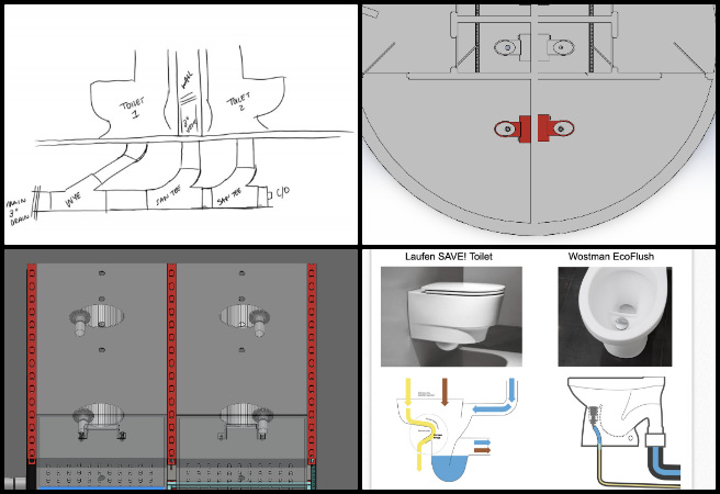 Vermiculture Toilet, Regenerative and Sustainable Change, One Community Weekly Progress Update #625, SolidWorks model plumbing, flush toilet plumbing design, misalignment corrections, vermiculture toilet design, plumbing layout, urine flow accommodation, plumbing plan development, system connection approaches, plumbing design options, flush and vermiculture toilet integration