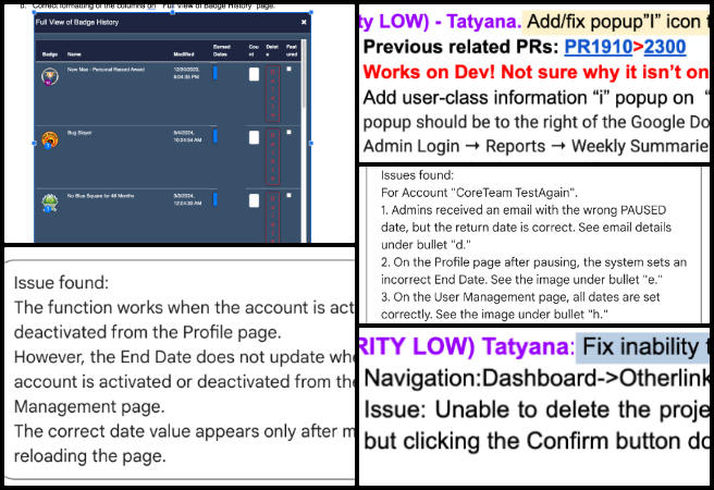HGN PR Testing, Ecological Global Transformation, One Community Weekly Progress Update #627, HGN PR testing, sort button addition, People Report corrections, volunteer tasks tab fix, badge display resolution, user account reactivation issue, account activation date bug, pop-up icon malfunction, project deletion problem, team member view issue, badge list formatting inconsistency.