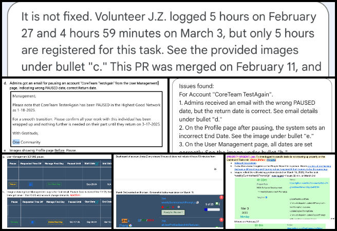 HGN PR Testing, Supporting the Abundance of Earth, One Community Weekly Progress Update #626, HGN PR testing, bug fixes, generate summary button update, material approval process, task number period resolution, Weekly Summaries Reports filters, toolbar visibility fix, admin dashboard interactions, Active/Inactive team toggle, time logging issue investigation, user reactivation error analysis.