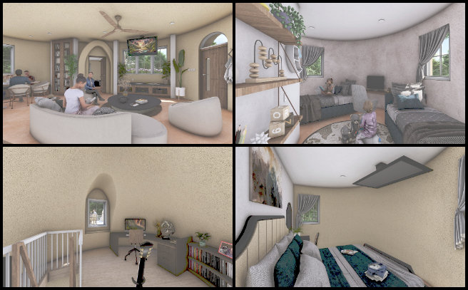 Earthbag Village, Open Sourcing Global Sustainability Strategies, One Community Weekly Progress Update #628, 4-dome home design, interior aesthetics enhancement, decorative elements integration, double-layered materials application, architectural layout consistency, visual appeal improvement, dome structure functionality, spatial arrangement preservation, interior design updates, home design refinement.