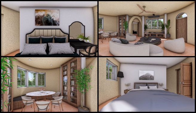 Earthbag Village, Supporting the Abundance of Earth, One Community Weekly Progress Update #626, 4-dome home, material refinement, double layering, landscape design, plants integration, visual presentation, design cohesion, rendering walkthrough, design consistency, project requirements