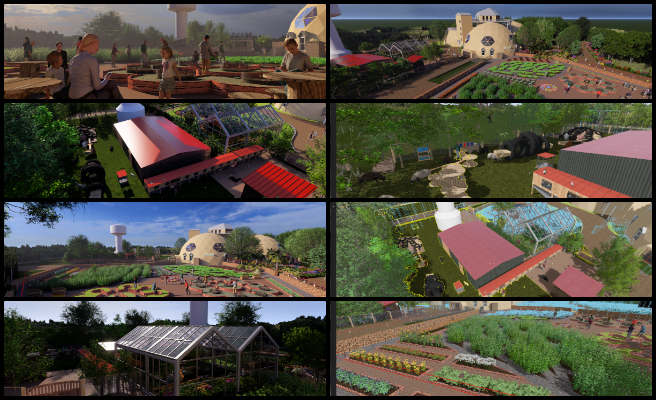 Jason, Duplicable City Center, Open Sourcing Global Sustainability Strategies, One Community Weekly Progress Update #628, Exterior garden design, barn area modeling, 3D vegetation rendering, texture optimization, model clipping fix, 3D asset planning, file performance improvement, render configuration setup, architectural visualization, test render quality assessment