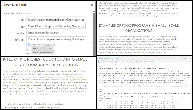 Vermiculture Toilet, Open Sourcing Global Sustainability Strategies, One Community Weekly Progress Update #628, Expresses Team Blog update, Highest Good Food Infrastructure webpage, content integration, webpage formatting, link title updates, heading adjustments, layout consistency improvement, website content management, rollout document implementation, webpage spacing optimization.