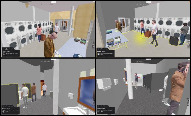 Maaz, Duplicable City Center, Open Sourcing Global Sustainability Strategies, One Community Weekly Progress Update #628, Laundry area design, realistic 3D rendering, architectural visualization, interior scene population, flooring installation, furniture alignment, active environment modeling, toilet scene development, 3D space optimization, project consistency in design
