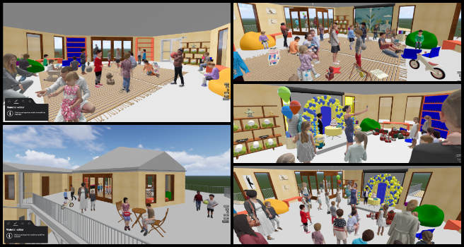 Maaz, Duplicable City Center, Supporting the abundance of earth, One Community Weekly Progress Update #626, playroom scene design, activity scene for birthday parties, 3D playroom rendering, presentation scene improvement, railing design modification, dynamic playroom visualization, birthday party activity scene, project scene revisions, creative playroom updates, enhanced presentation scene